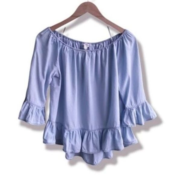 Beach lunch lounge Ruffles Top Washed Blue Lyocell Peplum Blouse Size S - Picture 1 of 11